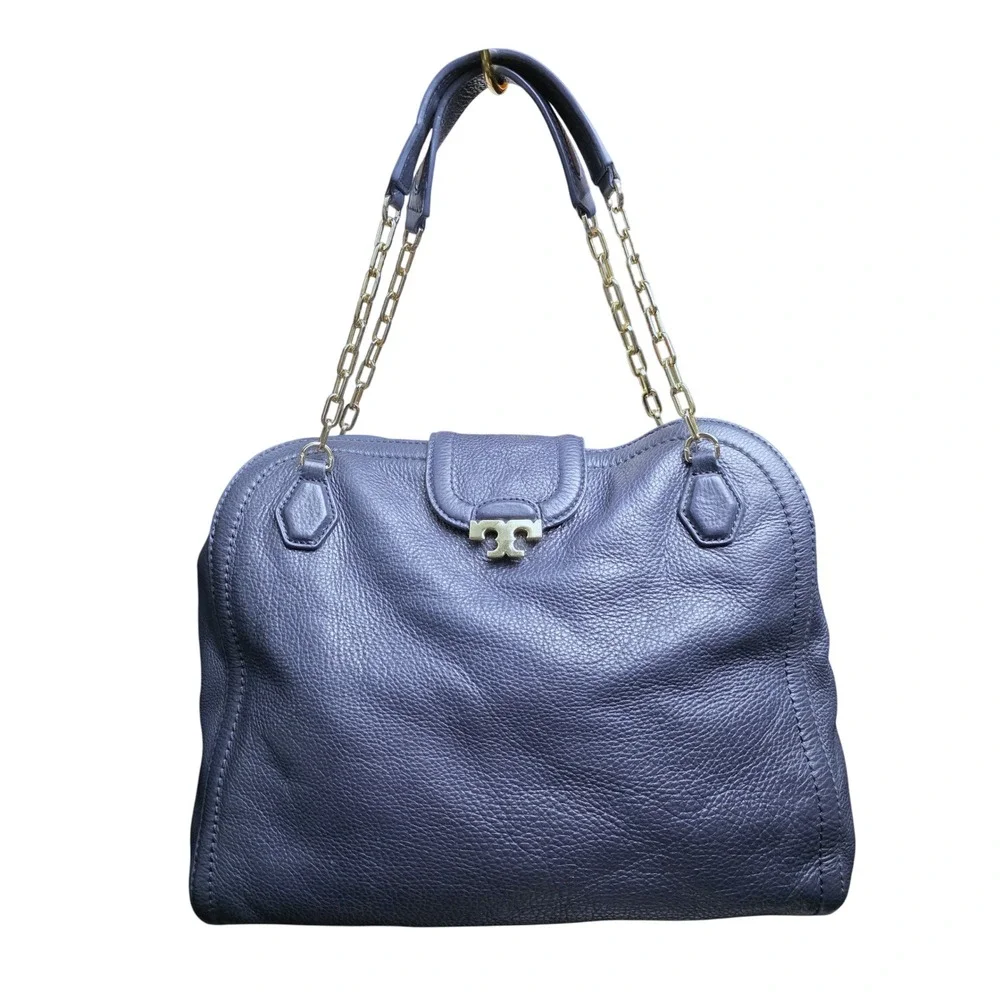 Tory Burch Link-Chain Shoulder Tote Bag Navy Blue Pebbled Leather Gold Large